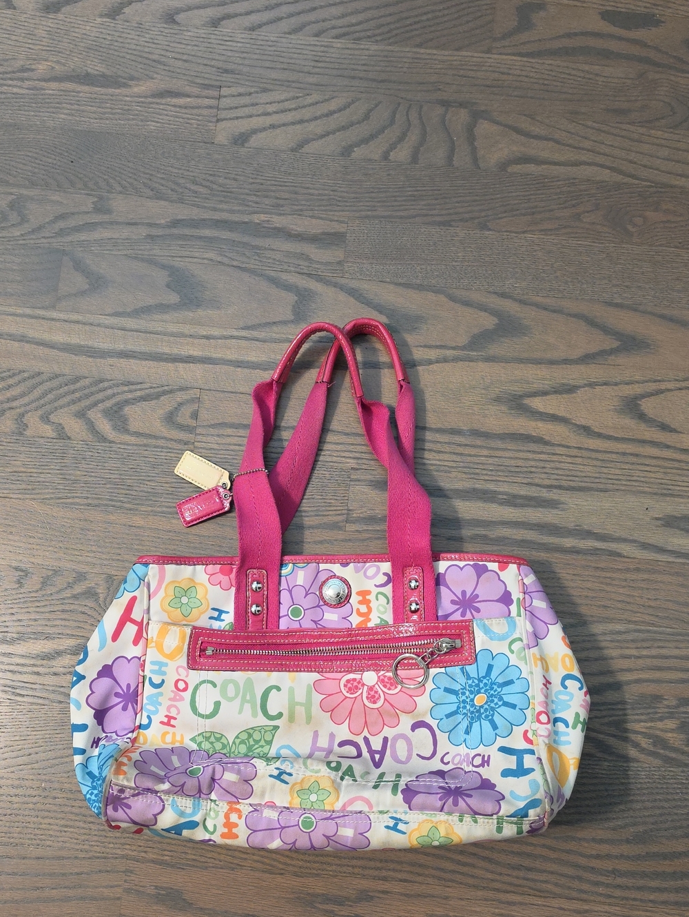Coach Multicolor Floral Graffiti Tote with Pink Trim